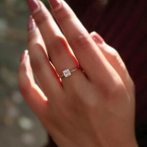 Dainty Solitaire Ring For Women, 6 MM Asscher Cut Moissanite Diamond Wedding Ring, 14K Gold Engagement Ring, Proposal Ring For Girlfriend