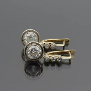 Bezel Set Old European Cut Moissanite Diamond Wedding Earring, Four Stone Latch Back Dangle Earring, Two Tone Vintage Style Earring For Her
