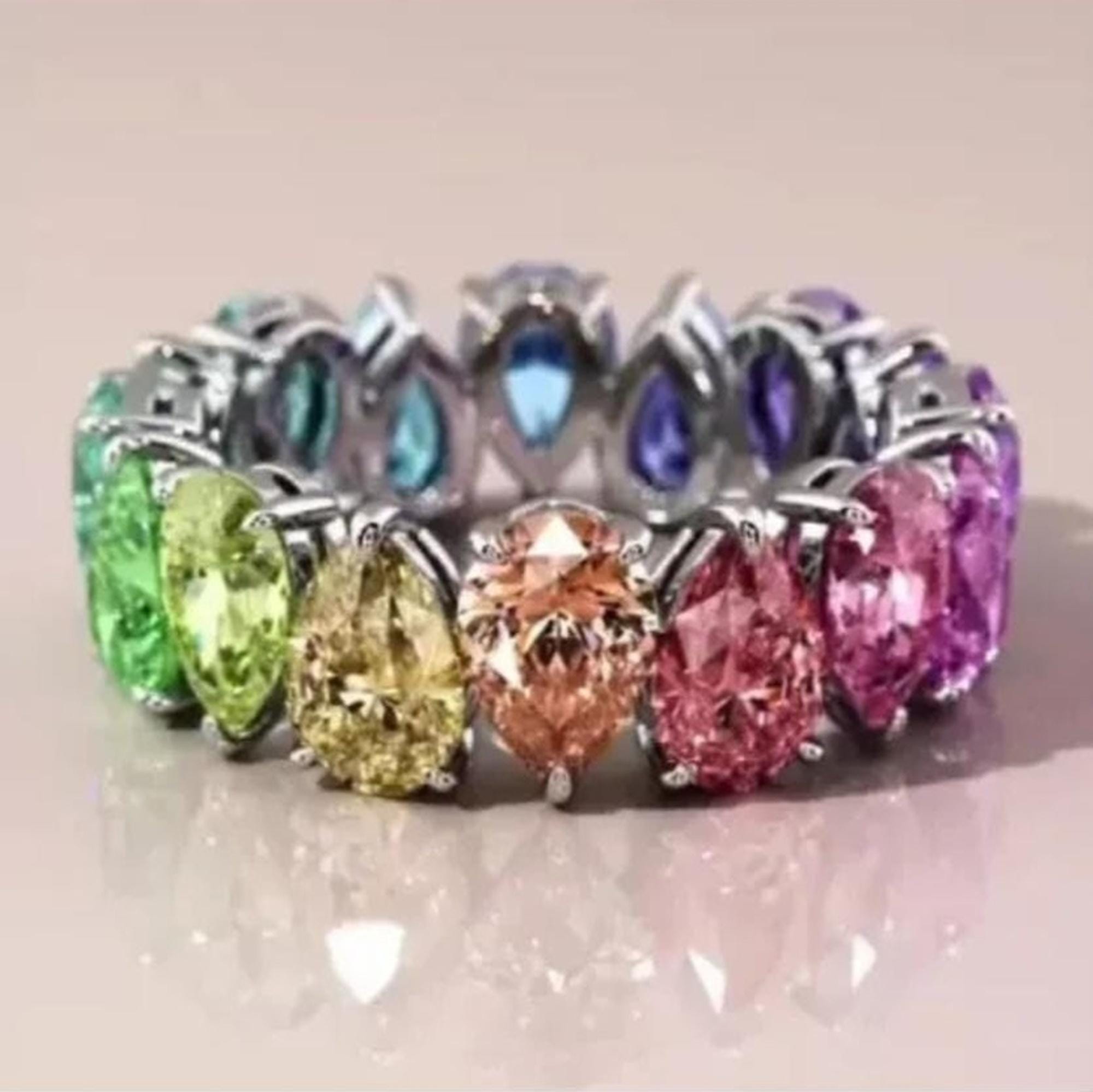 Rainbow Color Eternity Band, Multi Gemstone 925 Sterling Silver Band ...