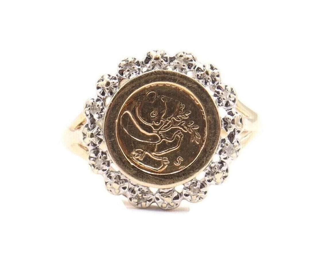 Cute Panda Rings Cute Panda Coin Ring, Round Cut Moissanite Diamond Halo Ring, Yellow ...
