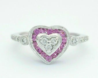 Heart Shape Gemstone Wedding Ring, Halo Pink & White Round CZ Stone Engagement Ring, Anniversary Gift For Her, 14k White Gold Ring For Women