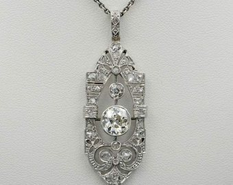 Old European Cut Moissanite Diamond Wedding Pendant, Art Deco Vintage Style Pendant, White Gold Edwardian Pendant, Antique Jewelry For Women