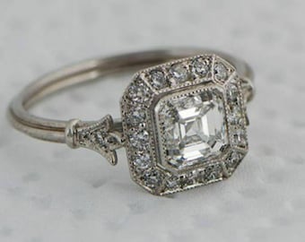 Vintage Style Art Deco Engagement Ring, Halo Asscher And Round Cut Moissanite Diamond Ring, Gift For Mother, Antique Edwardian Wedding Ring