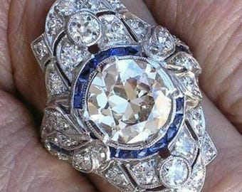Art Deco Vintage Style Wedding Ring, Sapphire Gemstone Ring,Old European & Baguette CZ Stone Engagement Ring, Antique Edwardian Ring For Her