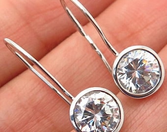 Lünette Set Solitär Baumeln Tropfenohrring, Rundschliff Moissanite Diamant Minimalist Ohrring, Damen Täglich Tragen Ohrring, Ohrdraht Hängeohrring
