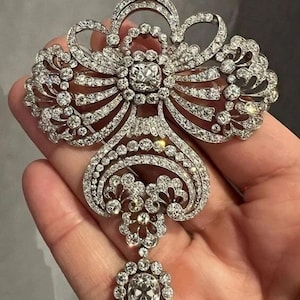 Art Deco Victorian Style Brooch, Old Mine Cut & Round Moissanite Diamond Wedding Brooch, 925 Silver Art Nouveau Brooch, Women&#39;s Retro Brooch