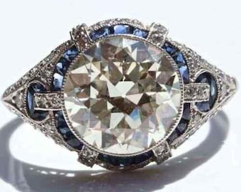 Blue Baguette & Old European Cut CZ Stone Art Deco Ring, Vintage Style Wedding Ring For Her, 925 Silver Engagement Ring, Mid-Century Ring
