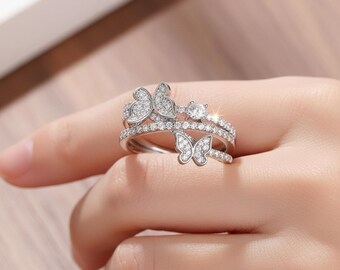 Hermoso anillo de mariposa para ella, anillo de moissanita redonda con diamantes cruzados, anillo de boda de oro de 14 quilates, anillo de propuesta de compromiso, joyería de insectos