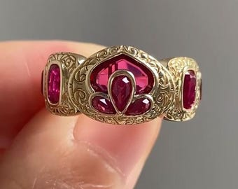 Bezel Set Multi Shape Ruby CZ Stone Ring, Antique Art Deco Engraved Ring, Yellow Gold Vintage Inspire Ring, Wedding Engagement Ring For Her