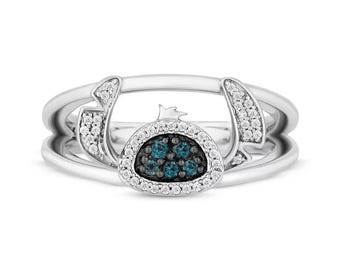 White Gold Lilo & Stitch Ring, Blue Topaz And White Round CZ Stone Ring, Kid's Wear Cartoon Inspire Ring, Birthday Gift Ring, Gift For Her