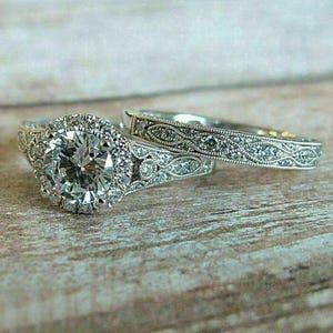 1920&#39;s Antique Art Deco Round Moissanite Diamond Ring Set, Edwardian Bridal Wedding Set, Halo Engagement Ring Set With Stacked Eternity Band