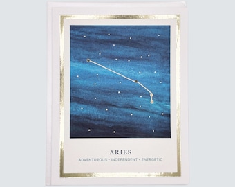 Handmade Aries Zodiac Card, Constellation Watercolor with Gold Foil, Astrology Birthday Gift