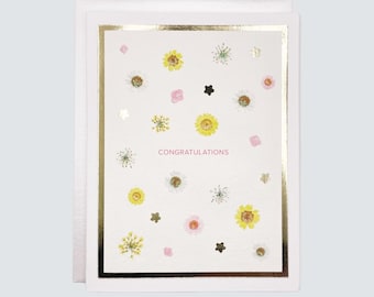 Handmade Congratulations Card, Printed Pressed Florals Congratulations Watercolor with Gold Foil, Blank Greeting Card