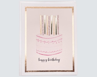 Handmade Birthday Card, Birthday Cake Pink Watercolor with Rose Gold Foil, Birthday Gift