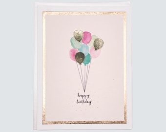 Handmade Birthday Card, Birthday Balloons Watercolor with Rose Gold Foil, Birthday Gift