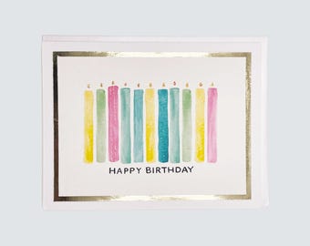 Handmade Birthday Card, Birthday Candles Multicolor Watercolor with Gold Foil, Birthday Gift