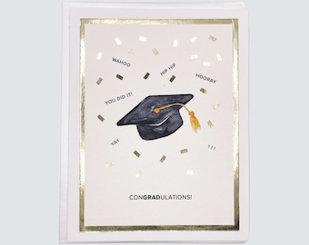 Handmade Graduation Card | Watercolor, Cap, Confetti, Commencement, College, Classy, Handcrafted, Gold, Black, White | HappiHello