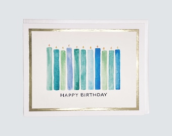 Handmade Birthday Card, Birthday Candles Blue and Green Watercolor with Gold Foil, Birthday Gift