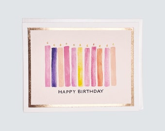 Handmade Birthday Card, Birthday Candles Pink and Purple Watercolor with Rose Gold Foil, Birthday Gift