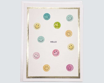 Handmade Any Occasion Card, Hello Smiley Faces Watercolor with Gold Foil, Blank Greeting Card
