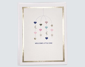 Handmade New Baby Card, Baby Mobile Gender Neutral Watercolor with Gold Foil, New Baby Gift