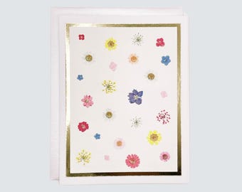 Handmade Any Occasion Card, Printed Pressed Florals Any Occasion Watercolor with Gold Foil, Blank Greeting Card
