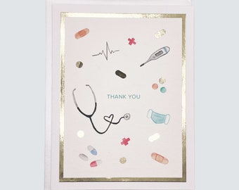 Handmade Nurse Thank You, Healthcare Worker Thank You Watercolor with Gold Foil, Blank Greeting Card