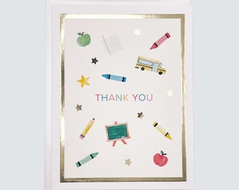 Handmade Teacher Thank You, Teacher Appreciation Thank You Watercolor with Gold Foil, Blank Greeting Card