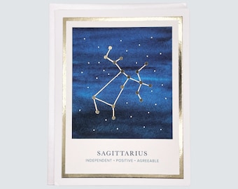 Handmade Sagittarius Zodiac Card, Constellation Watercolor with Gold Foil, Astrology Birthday Gift