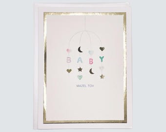 Handmade New Baby Card, Baby Mobile Mazel Tov Watercolor with Gold Foil, New Baby Gift