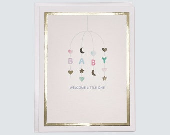 Handmade New Baby Card, Baby Mobile Welcome Little One Watercolor with Gold Foil, New Baby Gift