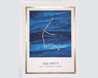 Handmade Aquarius Zodiac Card, Constellation Watercolor with Gold Foil, Astrology Birthday Gift