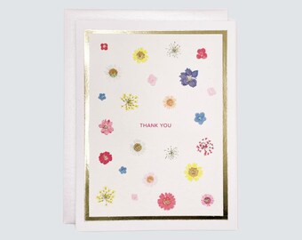 Handmade Thank You Card, Printed Pressed Florals Thank You Watercolor with Gold Foil, Thank You Note