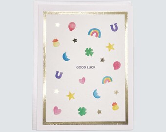 Handmade Any Occasion Card, Good Luck Lucky Charms Watercolor with Gold Foil, Blank Greeting Card