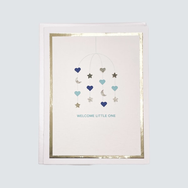 Handmade Baby Mobile Greeting Card | New Baby & Baby Shower | Stars, Moons, Dainty | Blue | HappiHello