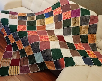 Hand-Knitted Patchwork Blanket, Warm Textured Yarns, One-of-a-Kind Design