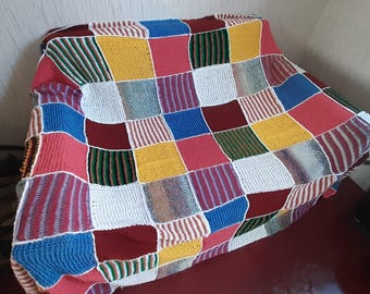 Hand-Knitted Patchwork Blanket, Warm Textured Yarns, One-of-a-Kind Design