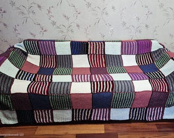 Hand-Knitted Patchwork Blanket, Warm Textured Yarns, One-of-a-Kind Design
