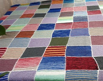 Large Knitted patchwork blanket, warm handmade throw