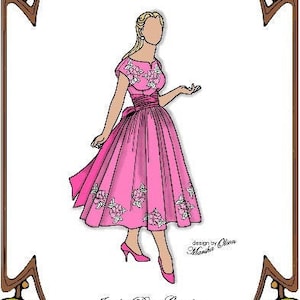 May include: A paper doll pattern for a pink dress with a floral design. The pattern is for 20 inch vintage and 21 inch modern Cissy dolls. The pattern is titled "Style 17" and "In the Rose Garden Perfect Patterns for Fashion Dolls 1999-2019".