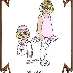 May include: A line drawing of a girl doll wearing a pink dress with a white ruffle at the hem. The doll is wearing a white hat and has blonde hair. The image is titled "Style 196" and "10" ANN ESTELLE". The image also includes the text "Girl Power" and "Perfect Patterns for Fashion Dolls 1999-2019".