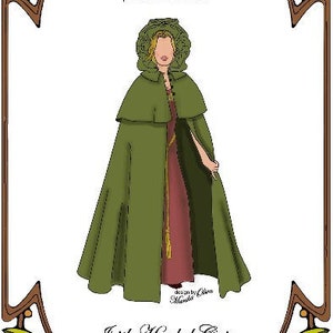 May include: A green hooded cape with a large hood, designed for 14-20 inch dolls. The cape is made of a soft, green fabric and has a simple, elegant design. The text "Style 140" is at the top of the image, and the text "Irish Hooded Cape" is at the bottom of the image.