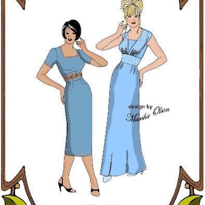 May include: Illustration of two women wearing blue dresses. The woman on the left is wearing a short-sleeved dress with a square neckline and a belt. The woman on the right is wearing a long-sleeved dress with a V-neckline. The text "Style 8" is at the top of the image. The text "20' Vintage Cissy" and "21' Modern Cissy" is below the title. The text "Pure Class Perfect Patterns" is at the bottom of the image.