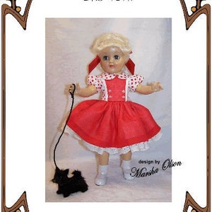 May include: A doll wearing a red and white polka dot dress with a white collar and a white lace trim. The doll is holding a black dog leash and is walking a black dog. The image includes the text "Style 203", "14.5" TONI", "design by Marsha Olion", "A Walk in the Park", "Perfect Patterns for Fashion Dolls 1999-2019".