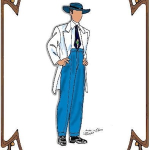May include: A white and blue outfit for a 16-inch fashion doll. The outfit includes a white jacket, a blue shirt with a blue tie, and blue pants. The doll is wearing a blue hat. The image includes the text "Style 24", "16" TRENT/MATT", "The Cats Meow", "Perfect Patterns", "for Fashion Dolls", and "1999-2019".