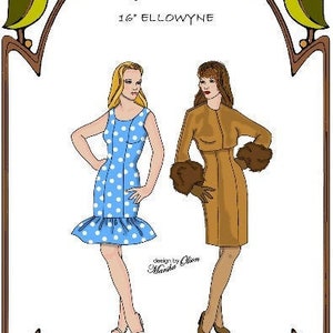 May include: A paper doll pattern for a 16-inch doll, featuring two outfits: a blue polka dot dress with a ruffle hem and a brown coat with fur trim. The pattern is titled "Style 114" and is part of the "Changing Seasons Perfect Patterns for Fashion Dolls 1999-2019" collection.
