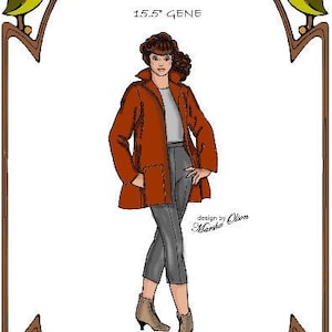 May include: A digital illustration of a woman wearing a red jacket, gray pants, and brown boots. The illustration is framed with a decorative border and includes the text "Style 10", "15.5 GENE", "design by Marsha Olson", "Natural Woman", "Perfect Patterns for Fashion Dolls 1899-2019".