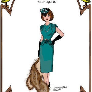 May include: A teal blue dress with a white collar and a belt. The dress has a fitted bodice and a full skirt. The dress is being modeled by a woman with brown hair and a hat. The image is framed with a decorative border and includes the text "Style 6 15.5' GENE Afternoon Cocktails Perfect Patterns 1999-2019".