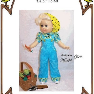 May include: A doll wearing a blue and green floral print top and blue overalls with a yellow and black polka dot hat. The doll is holding a carrot and standing next to a basket of vegetables. The image includes the text "Style 206", "14.5" TONI", "design by Marsha Olson", "Victory Garden", "Perfect Patterns for Fashion Dolls 1999-2019".