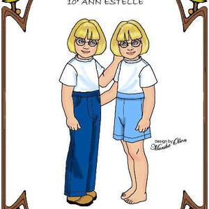 May include: Illustration of two 10-inch dolls wearing summer outfits. The doll on the left is wearing blue jeans and a white t-shirt. The doll on the right is wearing blue shorts and a white t-shirt. The dolls have blonde hair and are wearing glasses. The image is framed with a brown and green border. The text "Style 99" is at the top of the image. The text "10" ANN ESTELLE" is below the title. The text "Hello Summer! Perfect Patterns for Fashion Dolls 1999-2019" is at the bottom of the image. The text "design by Mon Marsha" is in the lower right corner of the image.